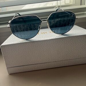 Dior Silver Frame Sunglasses with Blue Lenses